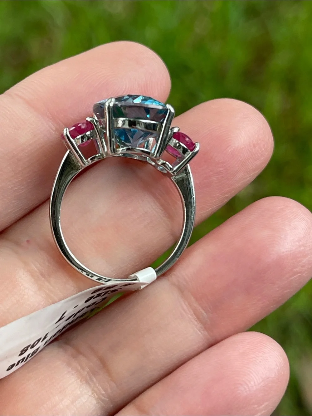 Large Natural Blue Topaz 15x11mm & Ruby Ring in 925 Sterling Silver Size 7